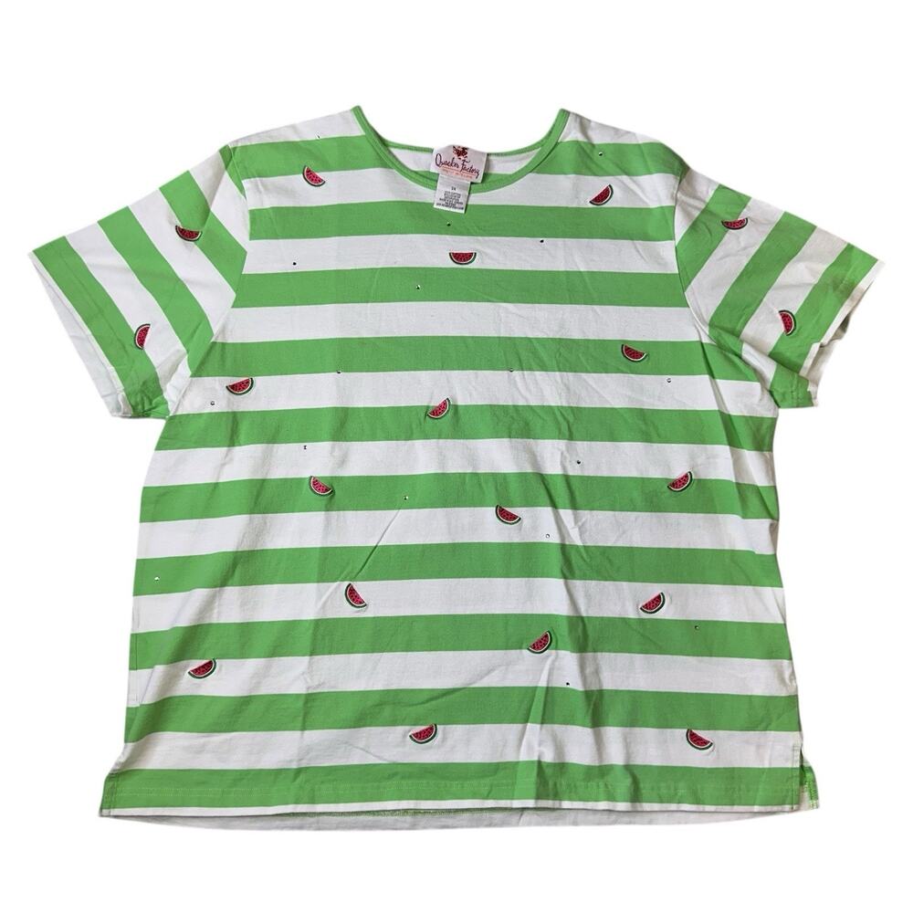 Quacker Factory Striped Watermelon Top Plus 3X Embroidered Rhinestones Blouse